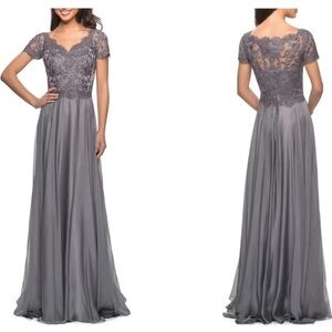 NWT La Femme 27098 Platinum Grey Embroidered Lace/Chiffon A-Line $515